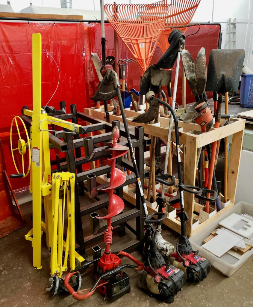 A collection of tools and equipment in the Athens County Public Libraries tool library, available for checkout.