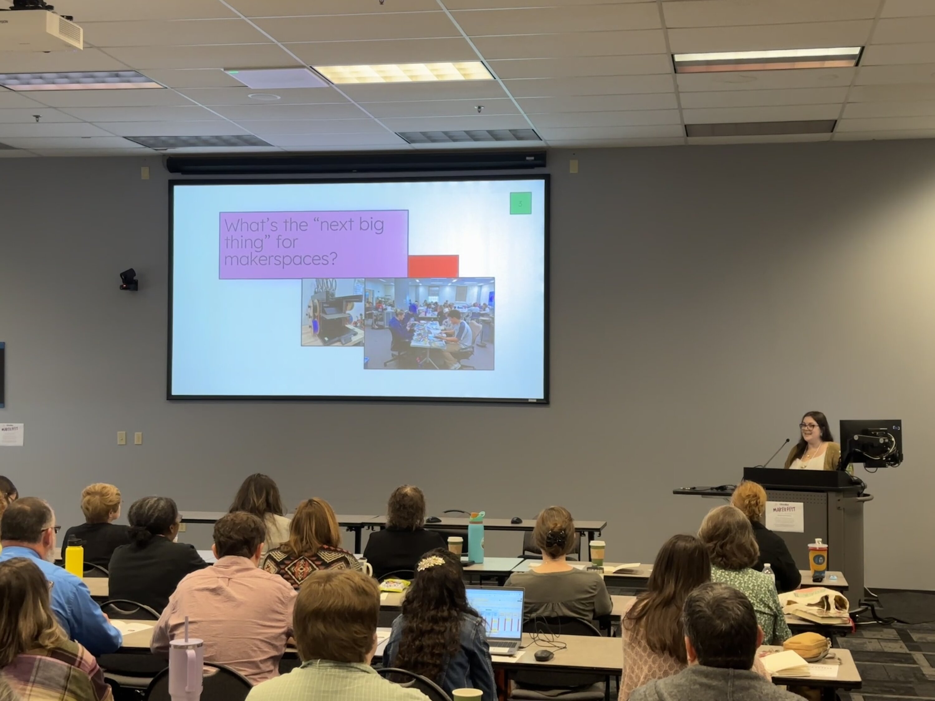 Sarah Nagle, Creation & Innovation Services Librarian at Miami University, delivers the keynote presentation titled "Envisioning the Future of Equity & Belonging in Library Makerspaces" at OhioNet MakerFest 2025, held at the State Library of Ohio.