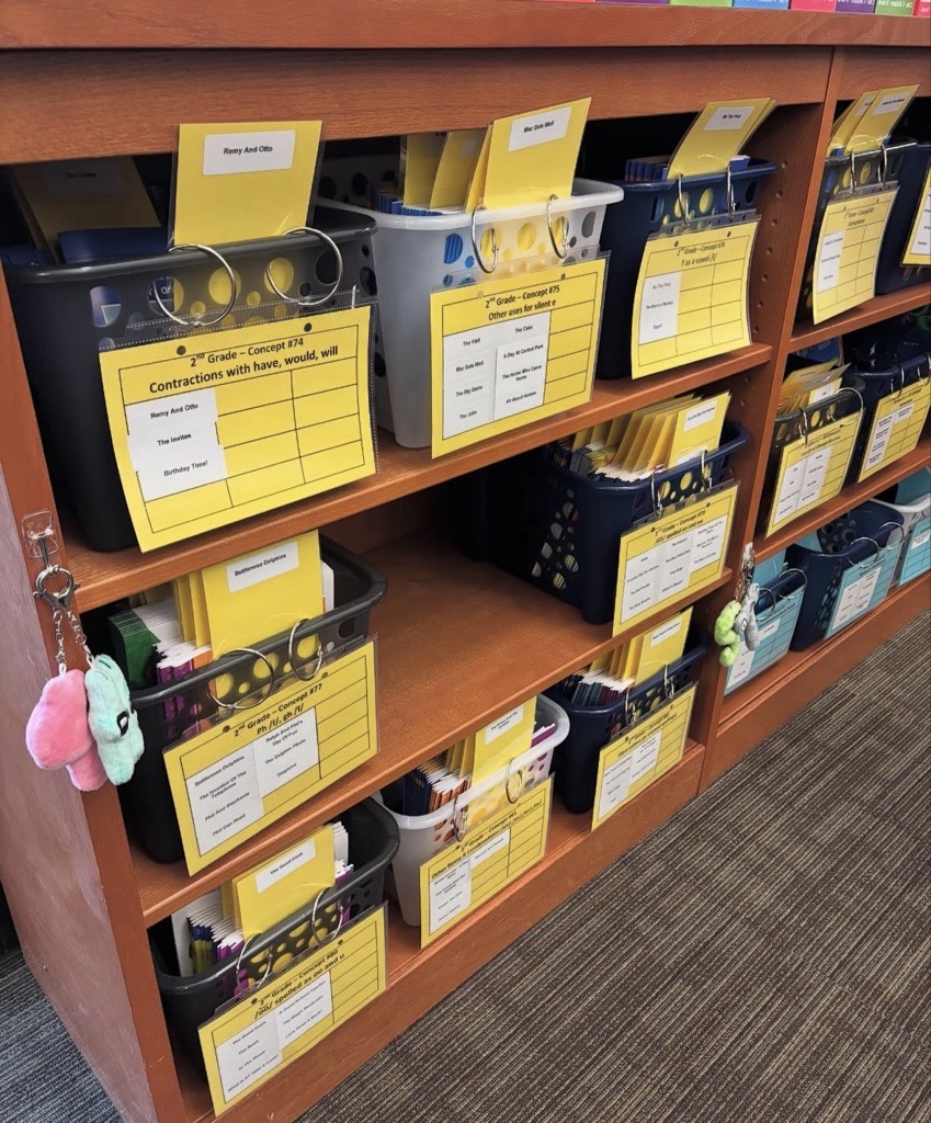 Image of baskets filled with materials related to each concept in the sequence of the Orton-Gillingham method for teaching the science of reading.